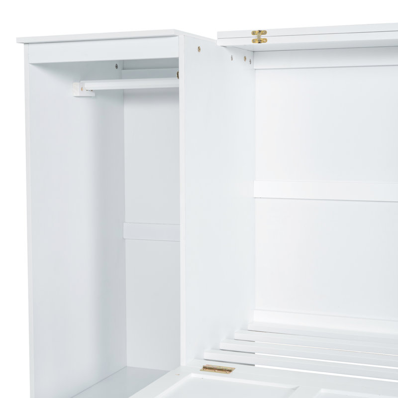 Lit simple blanc avec tablettes et garde-robe - Pièce de rangement longue durée facile à assembler
