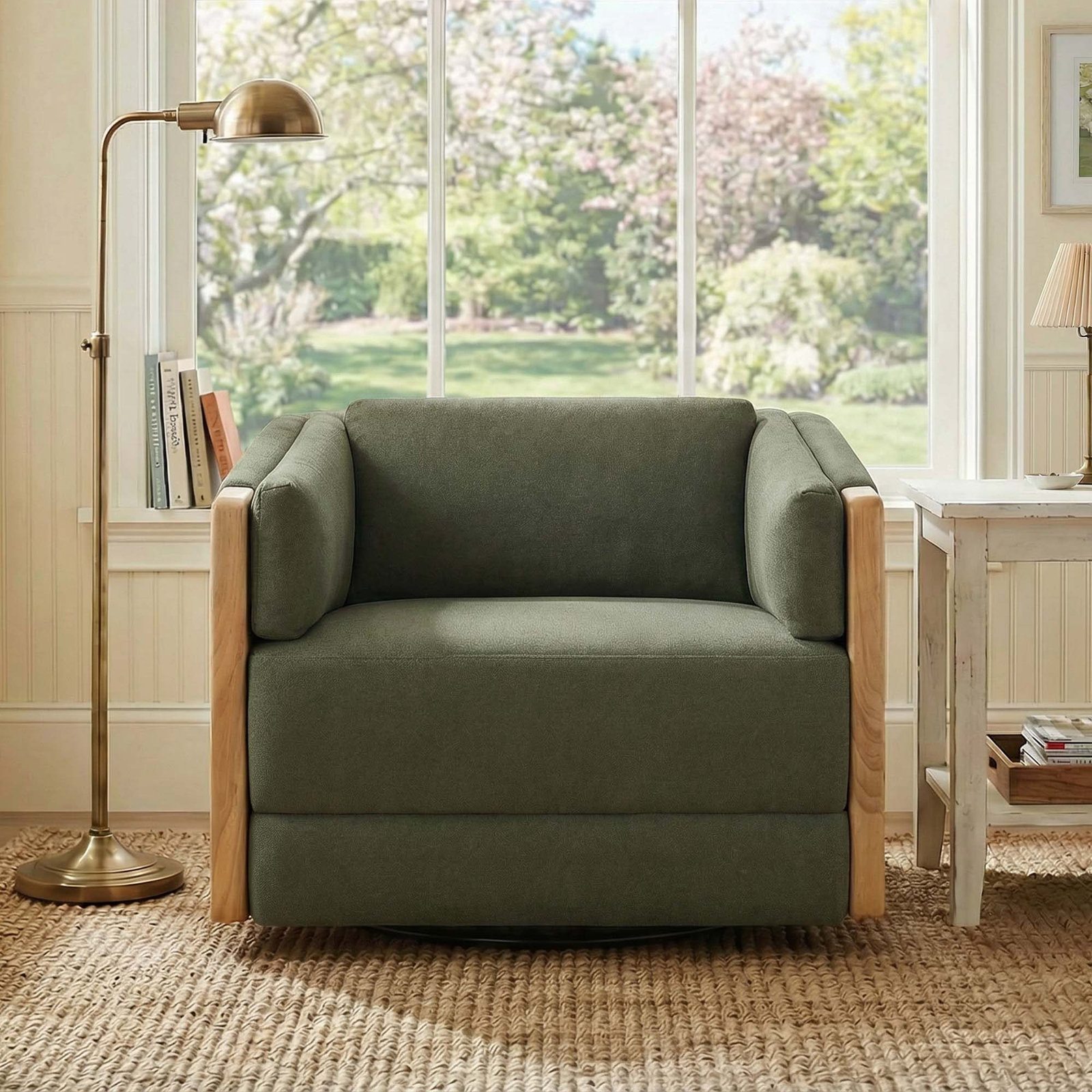 Willsboro Genuine Leather Swivel Accent Chair, Vesper Forest Performance Velvet