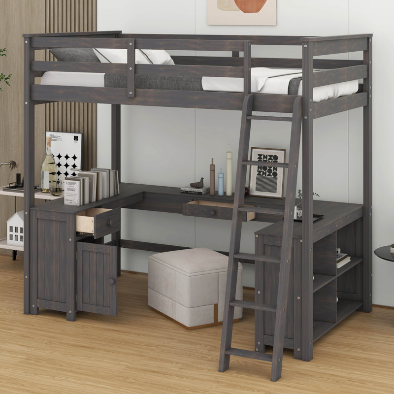 Lit mezzanine double en bois avec bureau en U, tablettes de rangement et tiroirs, Antique Brown