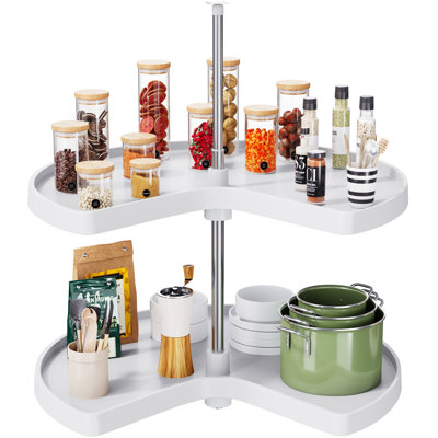 Organisateur de rangement pour coin de cuisine en coin à 2 tablettes en forme de reins avec support télescopique