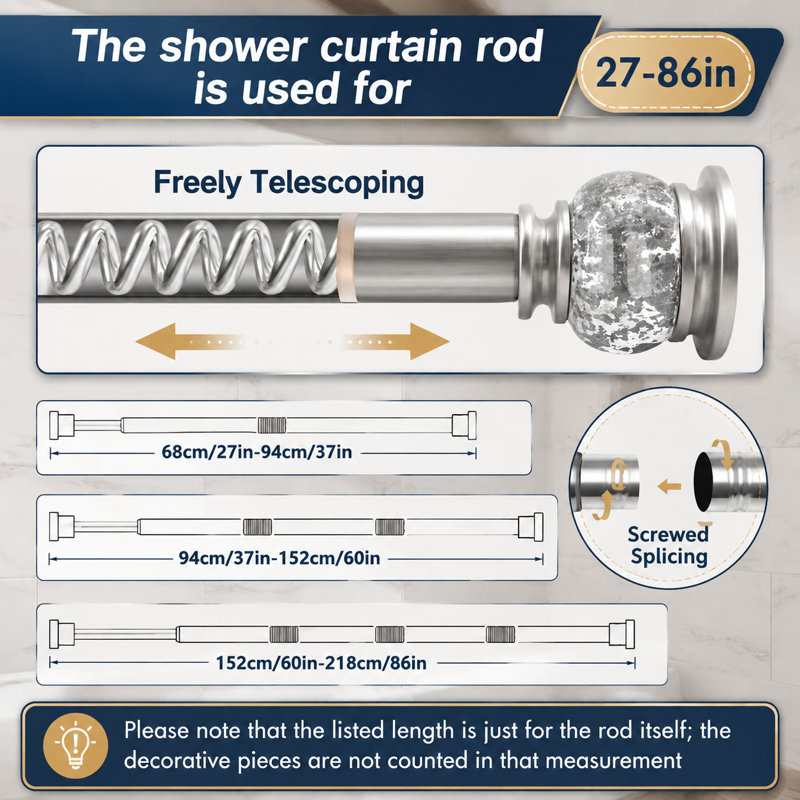 Cette tringle de douche à ressort argentée s'ajuste de 27 à 86 pouces et a un diamètre de 1 pouce; La conception sans perceuse et sans rouille convient aux salles de bain et aux fenêtres.