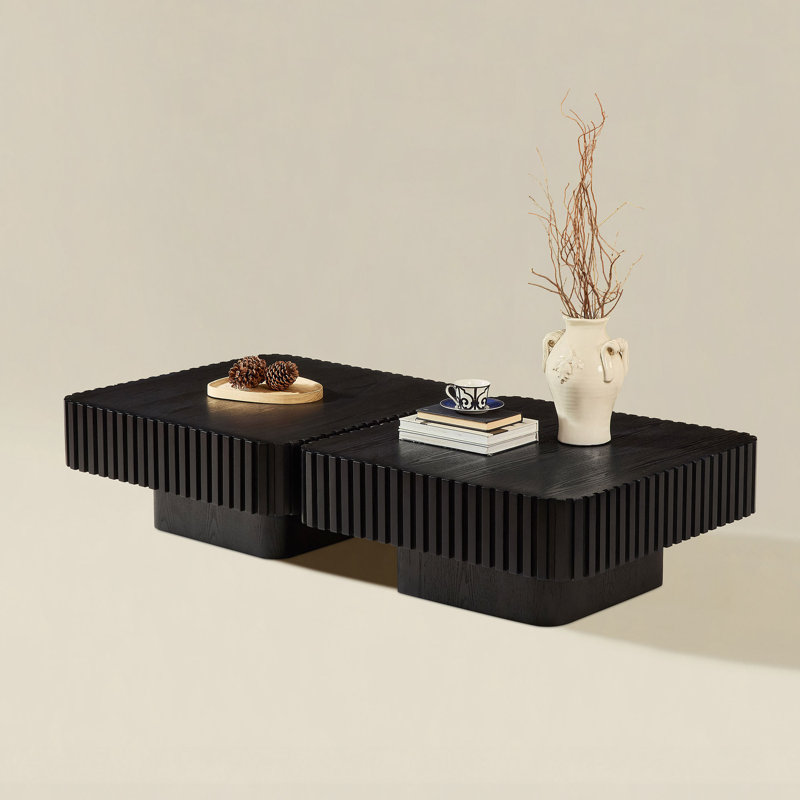 2PCS Set 31.5" Modern Handcraft Drum Coffee Table Square Coffee Table For Living Room,Small Wooden Coffee Table With Sturdy MDF Pedestal