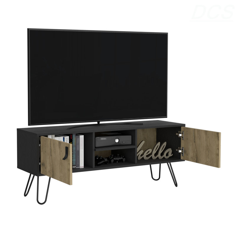 Meuble télé à deux tons avec 2 portes et tablettes ouvertes Huna