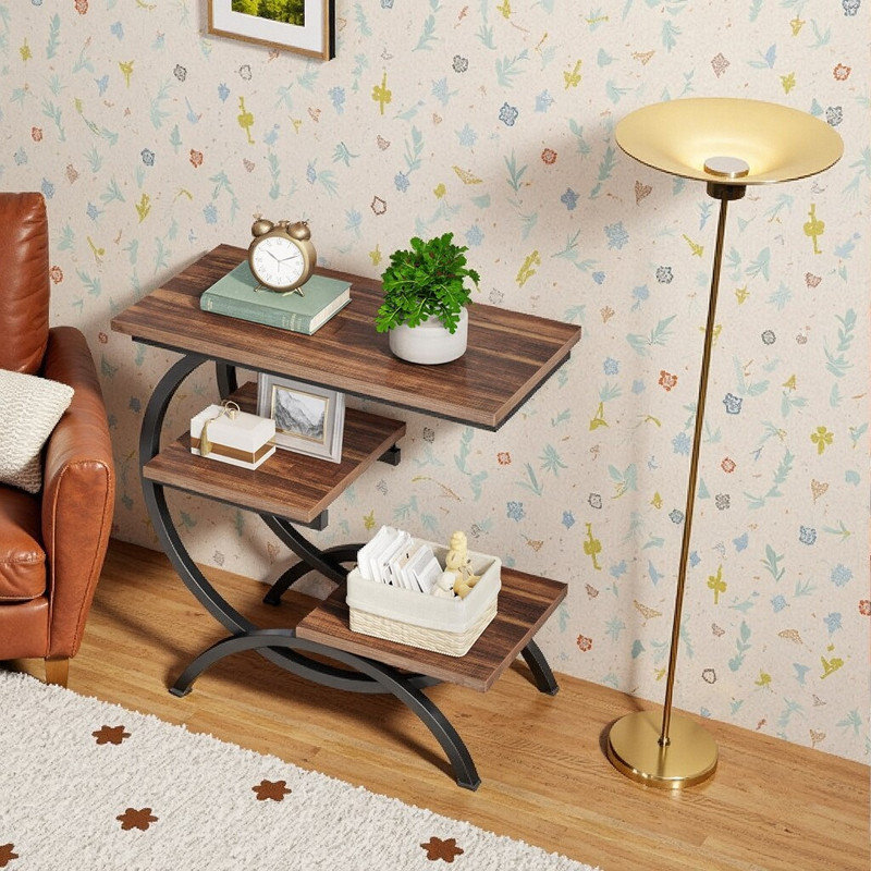 Table de bout industrielle en C à 3 niveaux avec tablettes de rangement, hauteur de 25,59 po, panneau de particules et structure en métal