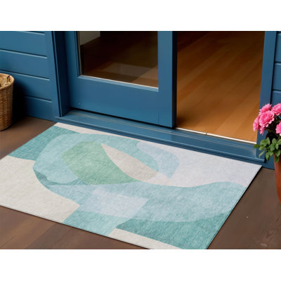 Tapis extérieur lavable abstrait turquoise et beige 3 pi x 5 pi