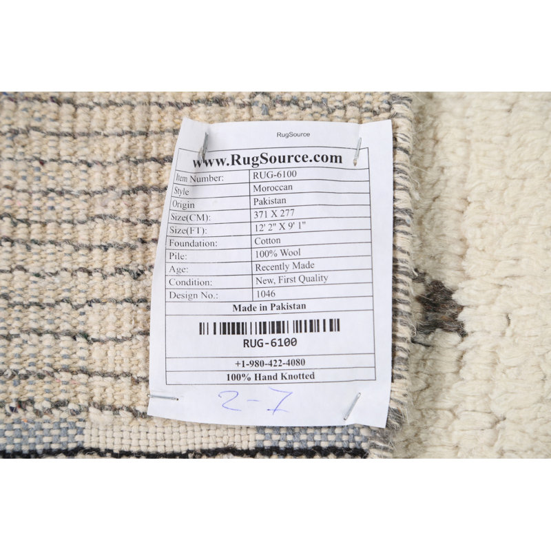 Tapis ivoire en laine noué à la main de conception unique 9 pi 1 po x 12 pi 2 po New Age