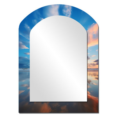 Plage, photo bord de mer, minimalisme II - miroir mural asymétrique de plage, miroir décoratif arqué bleu, impression d'art en métal
