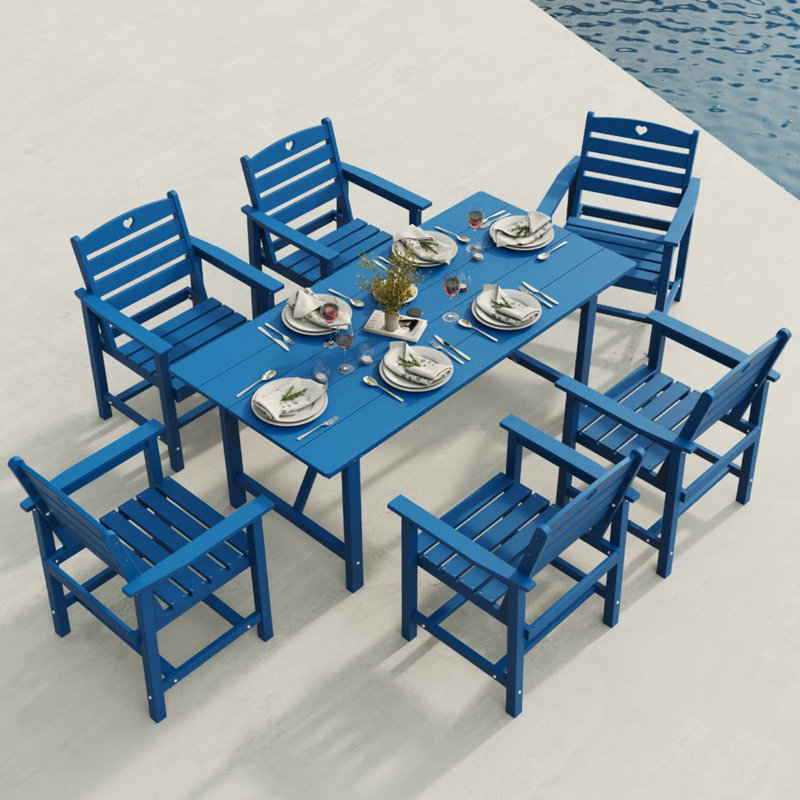 Outdoor Patio Hdpe Dining Table And Chairs Set With Umbrella Hole For 6 (7-piece), Blue