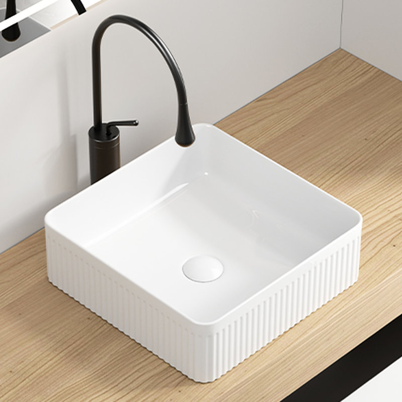 Rectangular White Porcelain Ceramic Vessel Sink, 15" X 15", Striped Design, Contemporary Bathroom Transformation, Material Sink 15X15 Inches, Milk White, Ideal For , Fade -