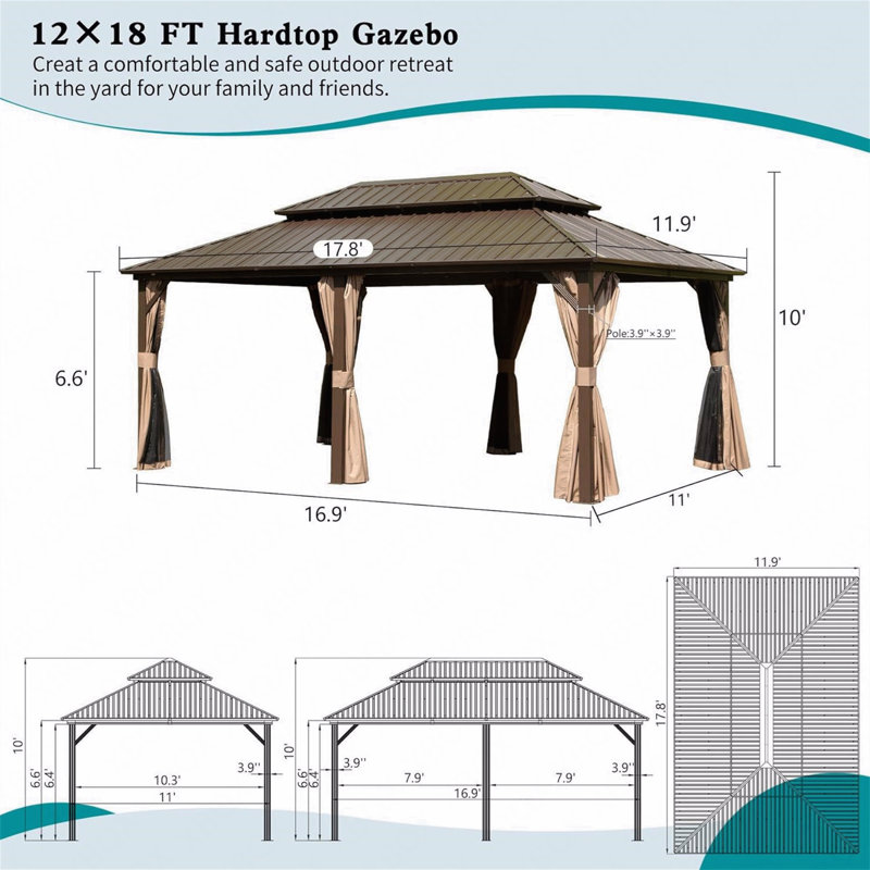 Moustiquaire en aluminium 12X18FT, moustiquaire pour une utilisation festive avec double toit en acier galvanisé (brun)