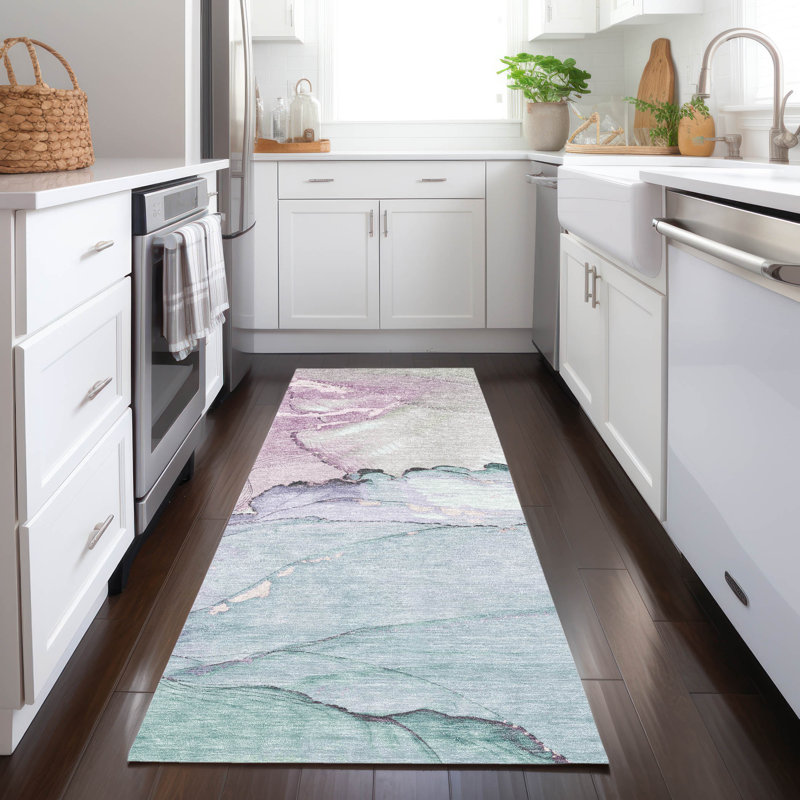 Machine Washable Indoor/Outdoor Xhevrie Seafoam Rug, Runner 2'3" x 7'6"