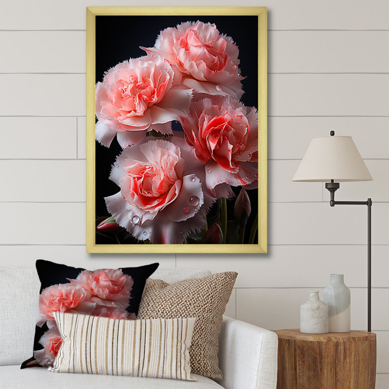Nature morte, Œillets roses en fleurs II - œillets, art mural, H 32 po x l 24 po x P 1 po, Cadre photo doré simple
