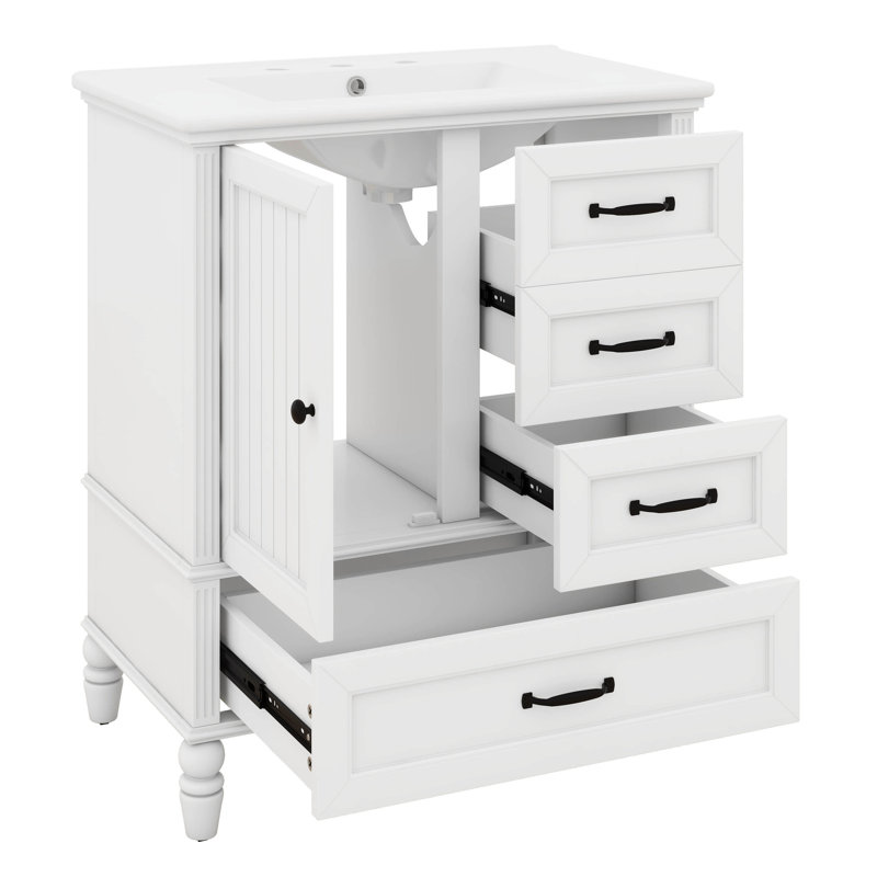 Meuble-lavabo de 30 po avec lavabo en céramique, armoire de salle de bain avec porte et trois tiroirs, patins réglables