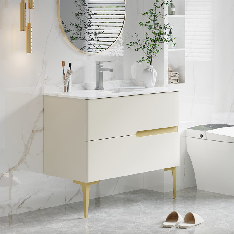 Meuble-lavabo incurvé moderne de 40 po avec comptoir en faux marbre, lavabo en céramique encastré et pieds dorés