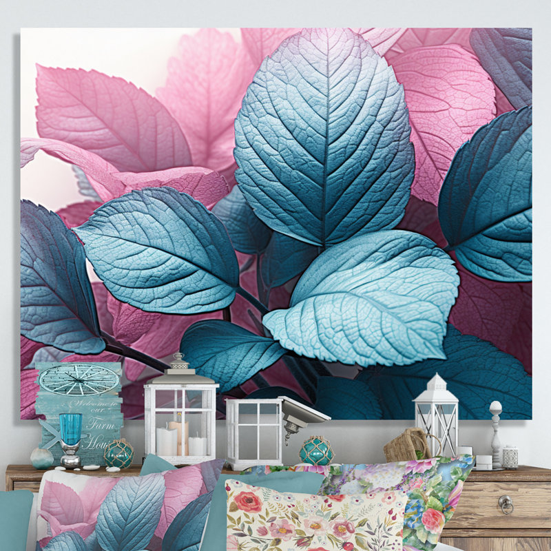 Feuille de splendeur rose turquoise sur toile, H 16 po x l 32 po x P 1 po, Toile tendue