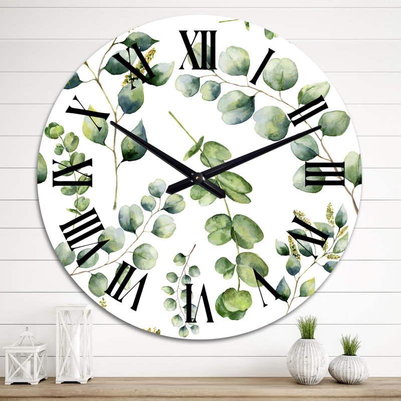 Eucalyptus Branches on White Iii - Patterned Wall Clock, Oversized