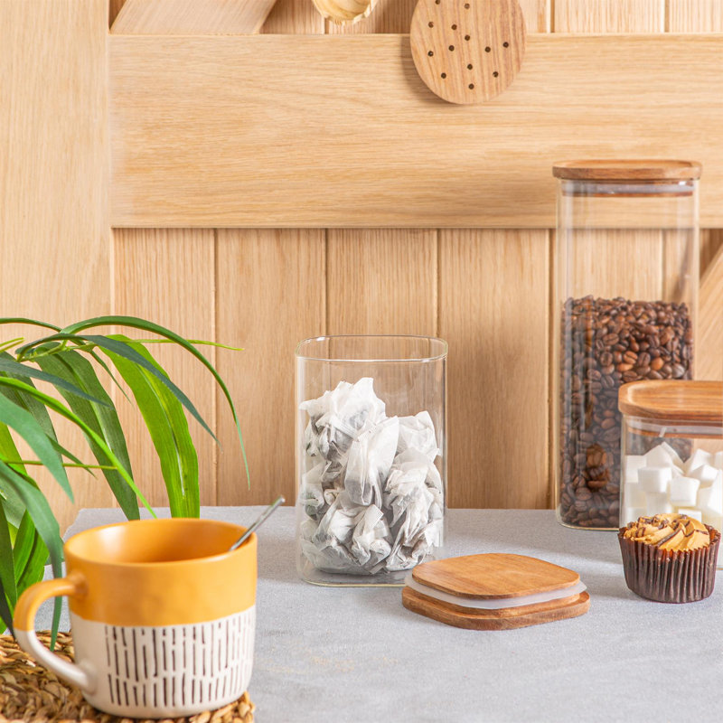 Argon Tableware - Square Glass Storage Jars with Wooden Lids - Set of 3, 16cm H x 10cm W x 10cm D