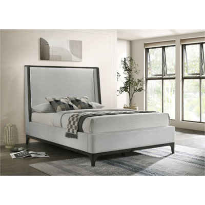 1pc Queen Size Upholstered Wingback Design Bed Gray Wooden Trim Premium Fabric Bedroom Furniture