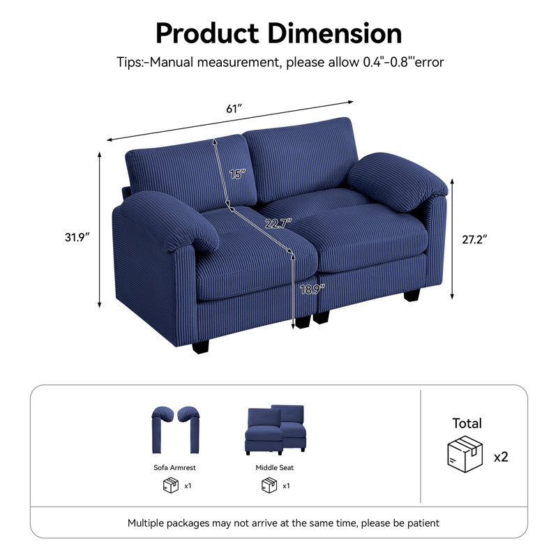 Causeuse 2 places avec accoudoirs coussinés, canapé en velours côtelé à assise profonde Cloud Couch, Bleu