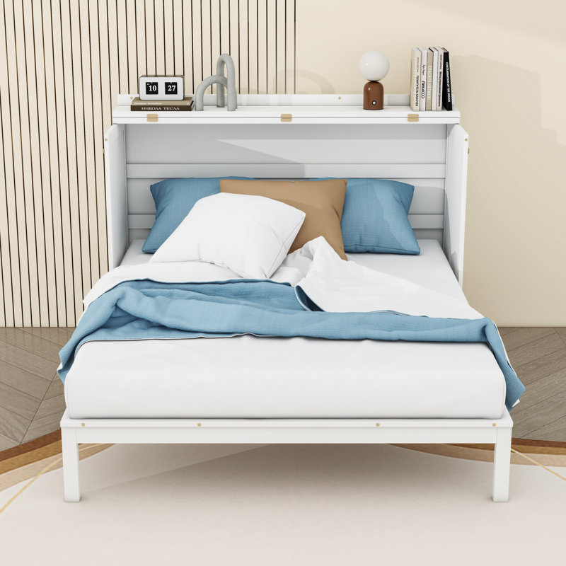 Grand lit escamotable en bois avec lattes, Blanc