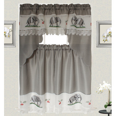 Elephant Macrame 3pc Curtain Set for Kitchen and Home window treatment Embroidered Macrame design Modern Style Consist of 2 Bottom Tiers: 30 inch X 36 inch each and top Swag: 60 inch X 36 inch