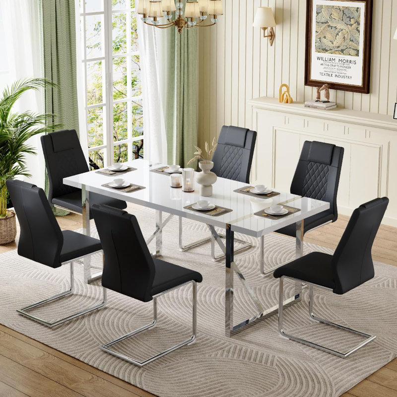 Minday Double Pedestal Dining Set, Black/Silver, Silver, 7