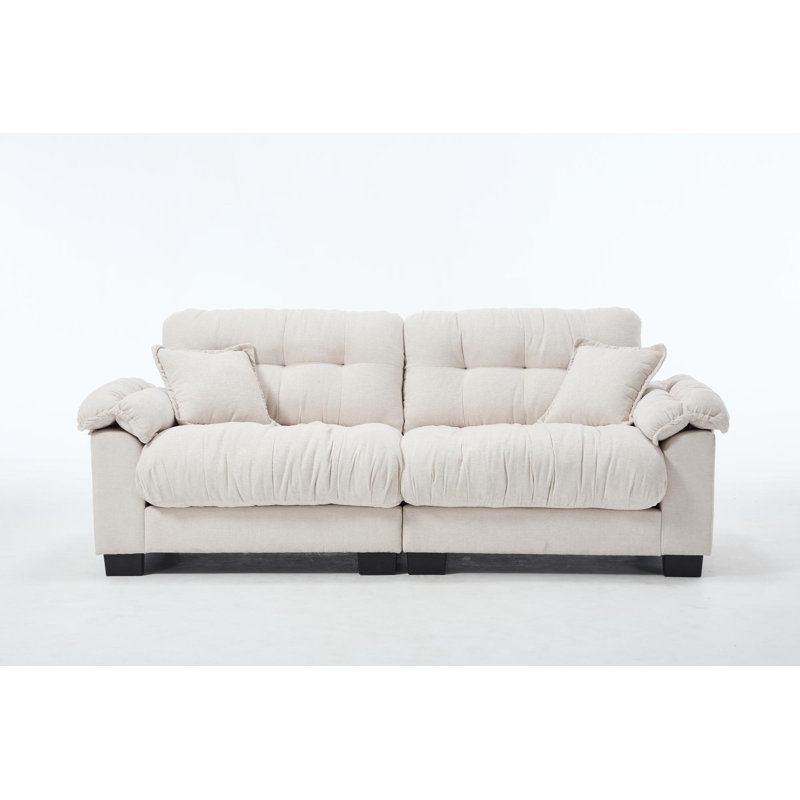 Pleated Chenille Three-Seater Sofa, Beige