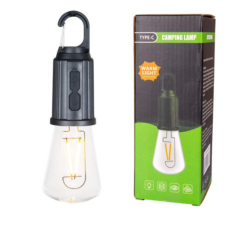 Lampe de camping rechargeable Festive Living, ampoule conique à DEL blanc chaud, port de charge USB-C, globe incassable sur mousqueton, 3 niveaux de luminosité