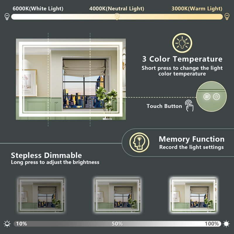 Jayce LED Vanity Mirror with Memory Function, 3 Color Temperatures & Dimmable Light, Anti-fog Tempered Glass ETL Listed Mirror