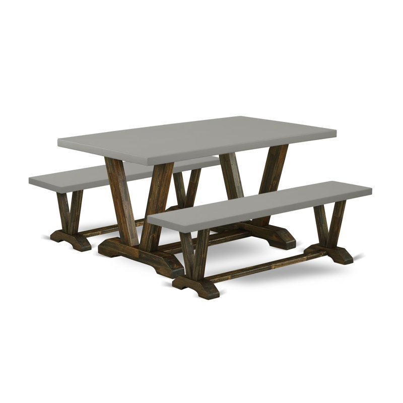 Ensemble de table de cuisine 3 pièces - 1 table de salle à manger et 2 bancs de salle à manger - Fabrication fiable et robuste - Plateau de table en ciment et finition jacobine patinée