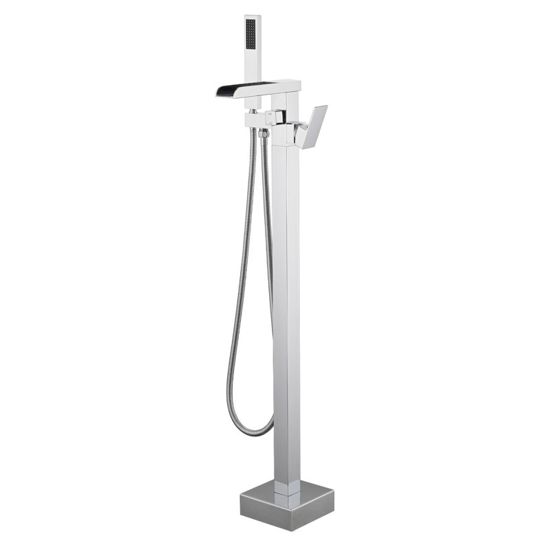 Bathroom Faucet With Waterfall Spout And Diverter Finish Tub Filler Hand Shower Floor Mount Design, Chrome
