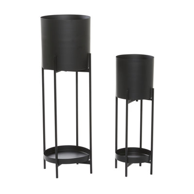 Marlee 2 Piece Metal Indoor Outdoor Planter with Lower Shelf and Removable Stand Set