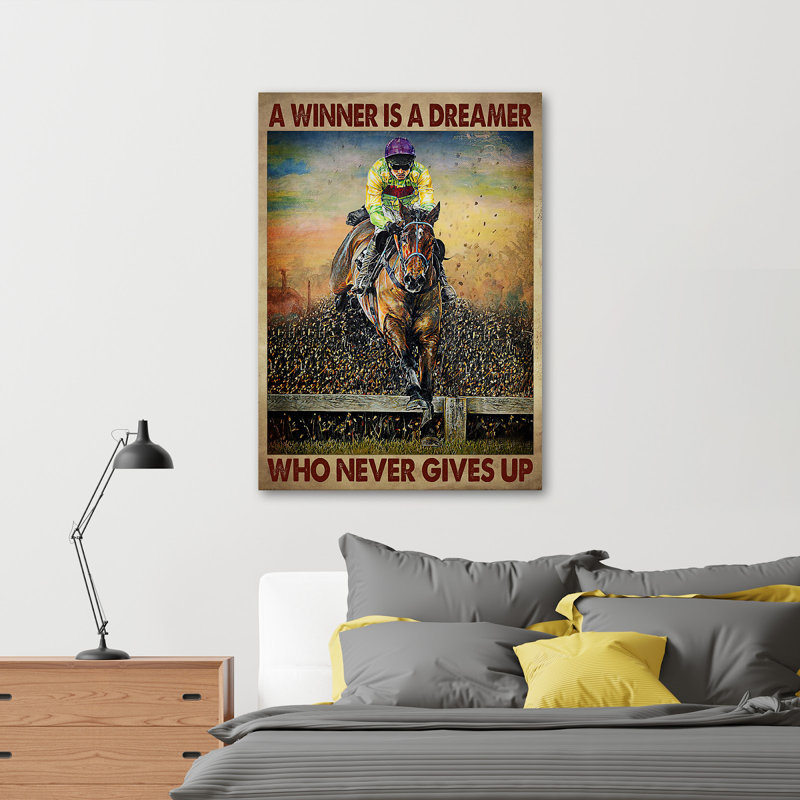 «Man Riding Racing Horse - A Winner Is A Dreamer», reproduction d'art graphique sur toile tendue 1 pièce