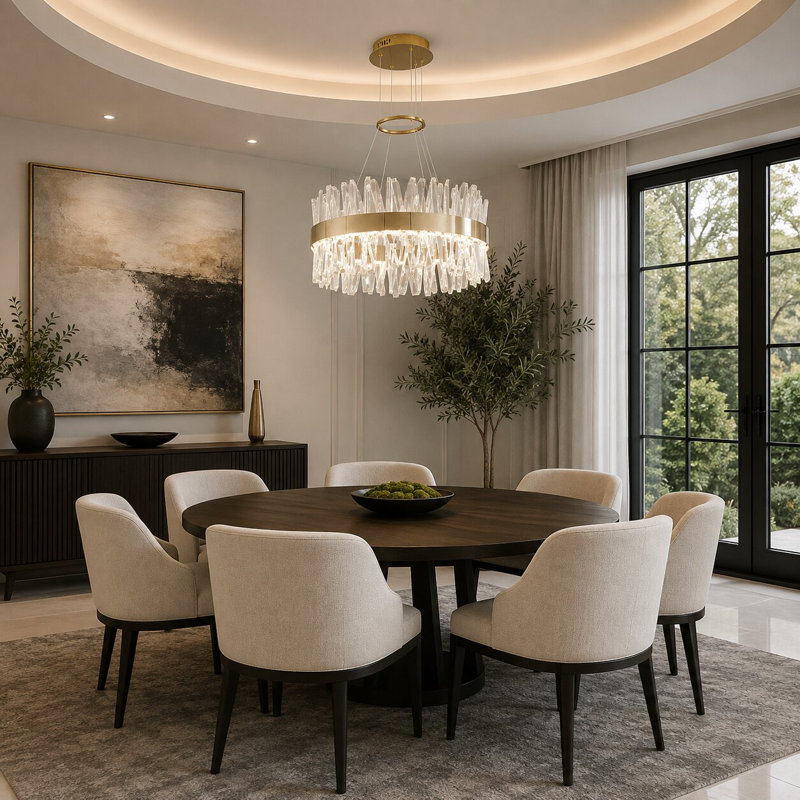 Lustre à DEL en acier inoxydable doré avec accents en cristal transparent., H 14 po x l 25 po x P 25 po