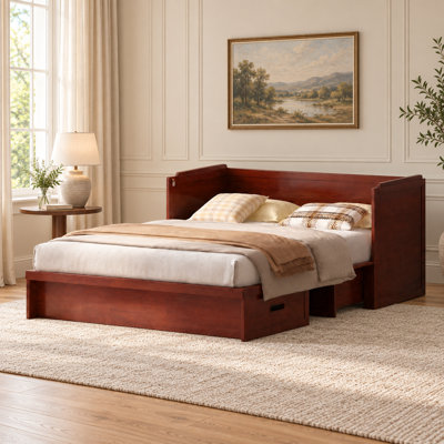 Grand lit escamotable Murphy avec grand tiroir de rangement et chargement USB, cerisier