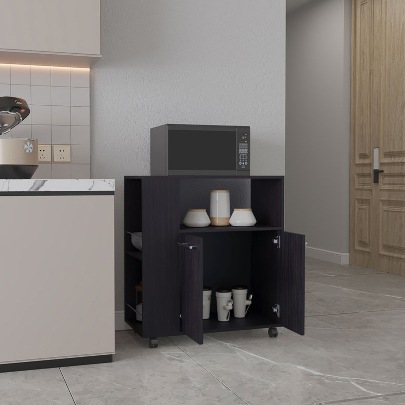 Chariot de cuisine, 2 portes, 3 tablettes, 4 roulettes, Noir