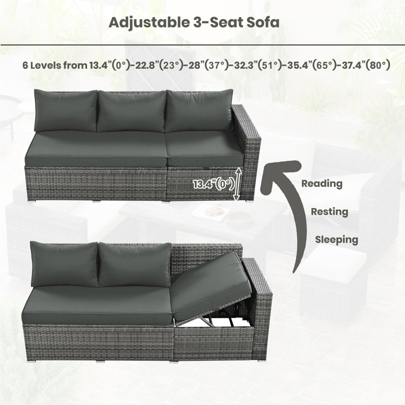 6-Piece All-Weather PE Rattan Patio Sofa Set with Adjustable Seats, Storage Box and Glass Top Table, , Grey, Grey