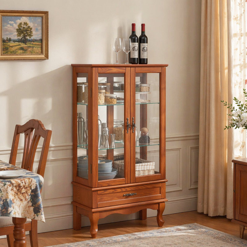 Vitrine lumineuse en verre avec tablettes réglables, deux portes et un tiroir pour la décoration et le rangement, idéale pour mettre en valeur des trésors