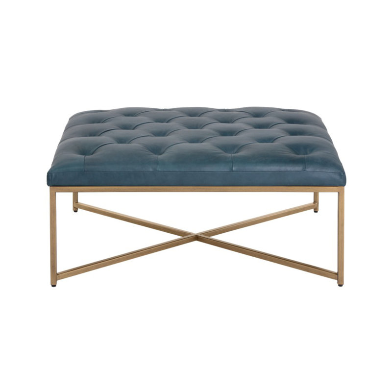 Endall Square Leather Tufted Cocktail Ottoman, Peacock Genuine Leather