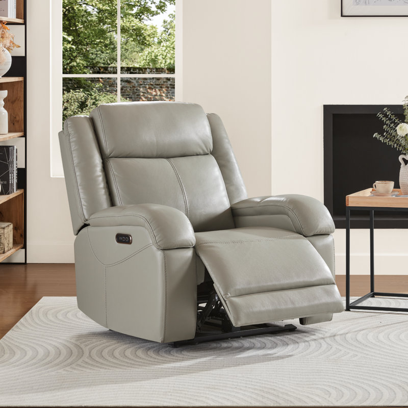 Fauteuil inclinable électrique Mejas en cuir véritable avec port USB, Cuir véritable gris