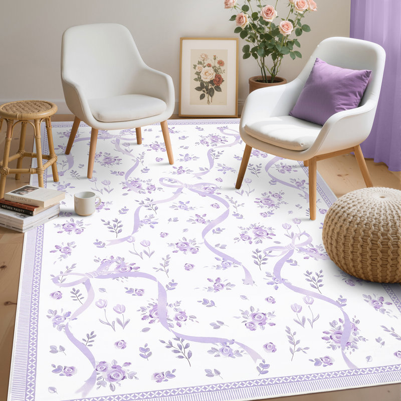 Washable Area Rug Bow Décor, Purple/White, Rectangle 3' x 5'
