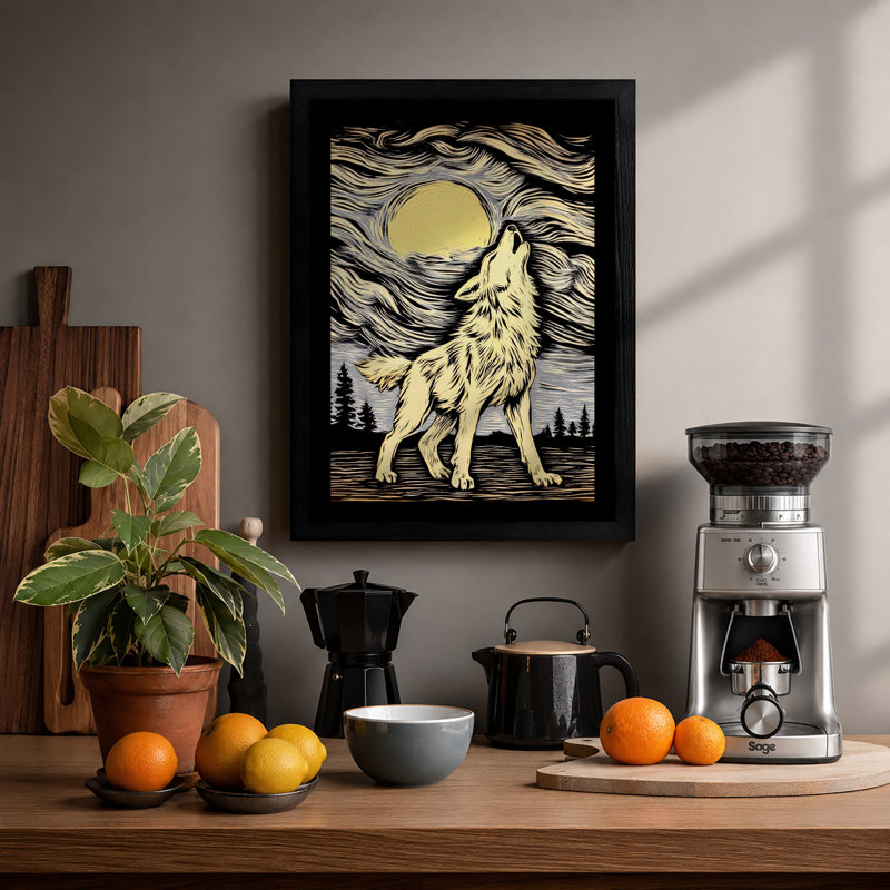 Wolf Howls At Moon Rustic - Print, A4 - 29.7 x 21.0 cm, Black
