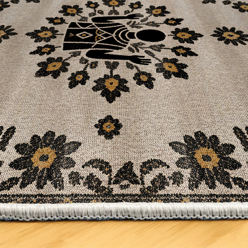 Annie Collection Digital Print Cotton-Polyester Gray Human Figured Floral Rug, Runner 5'3" x 16'5"