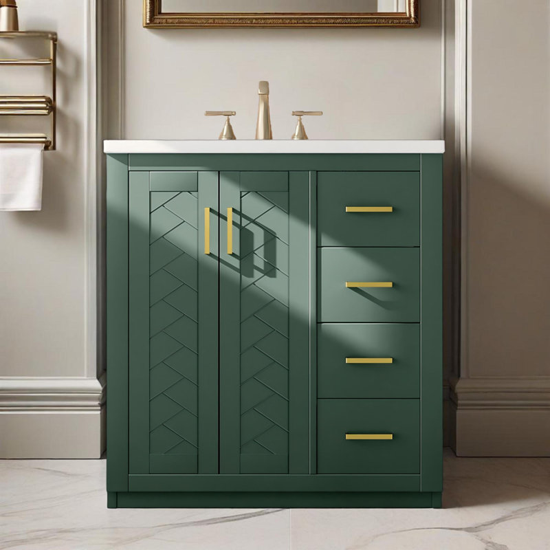 Ensemble de meuble-lavabo autoportant 30 po avec lavabo en céramique, 3 tiroirs et portes à fermeture douce, Vert