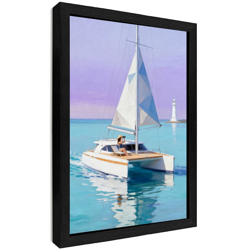 Reproduction d'art encadrée noire rétro "Un bateau solitaire sur la mer", H 11 po x l 9 po