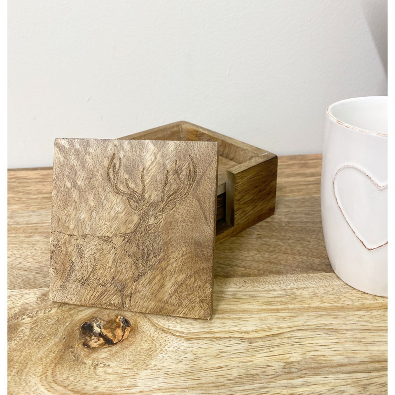 Wood Square 5 Piece Coaster Set With Holder