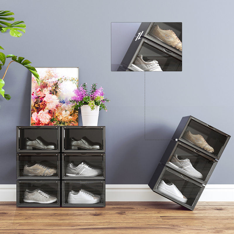 6 Pair Stackable Shoe Storage Box, Black