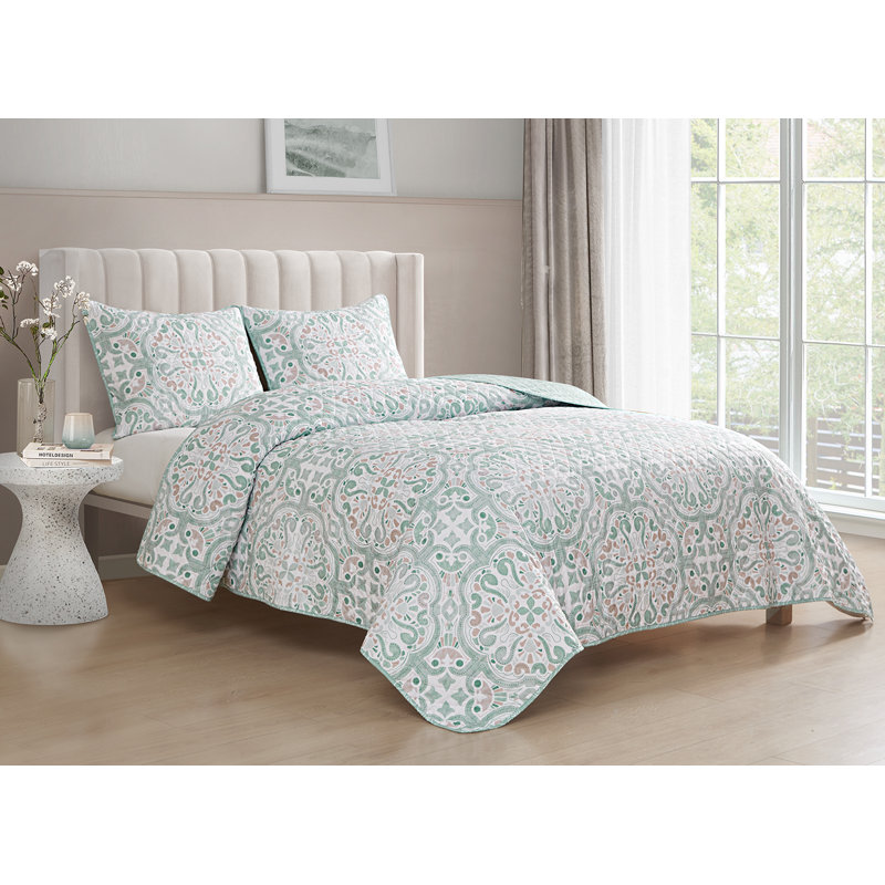 Ensemble de courtepointe en microfibre sauge / rosé / blanc 3 pièces , Courtepointe très grand et 2 très grandes taies