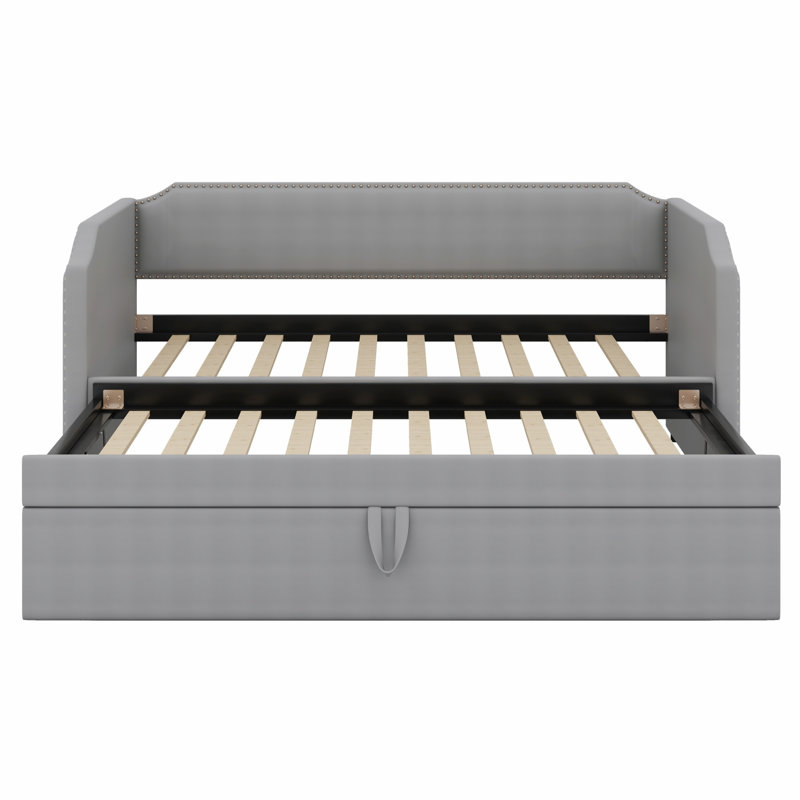 Upholstered Daybed With Pop Up Trundle, Gray