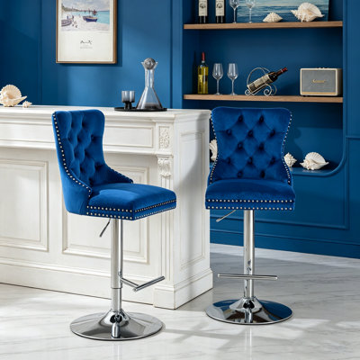 Tabourets de bar pivotants épais en velours chromé, hauteur réglable de 25 à 33 po, rembourrage moderne avec base de 17,7 po, boutons capitonnés et plis en losange, siège à éponge et à ressorts, pour bistro et îlot de cuisine (bleu, ensemble de 2)
